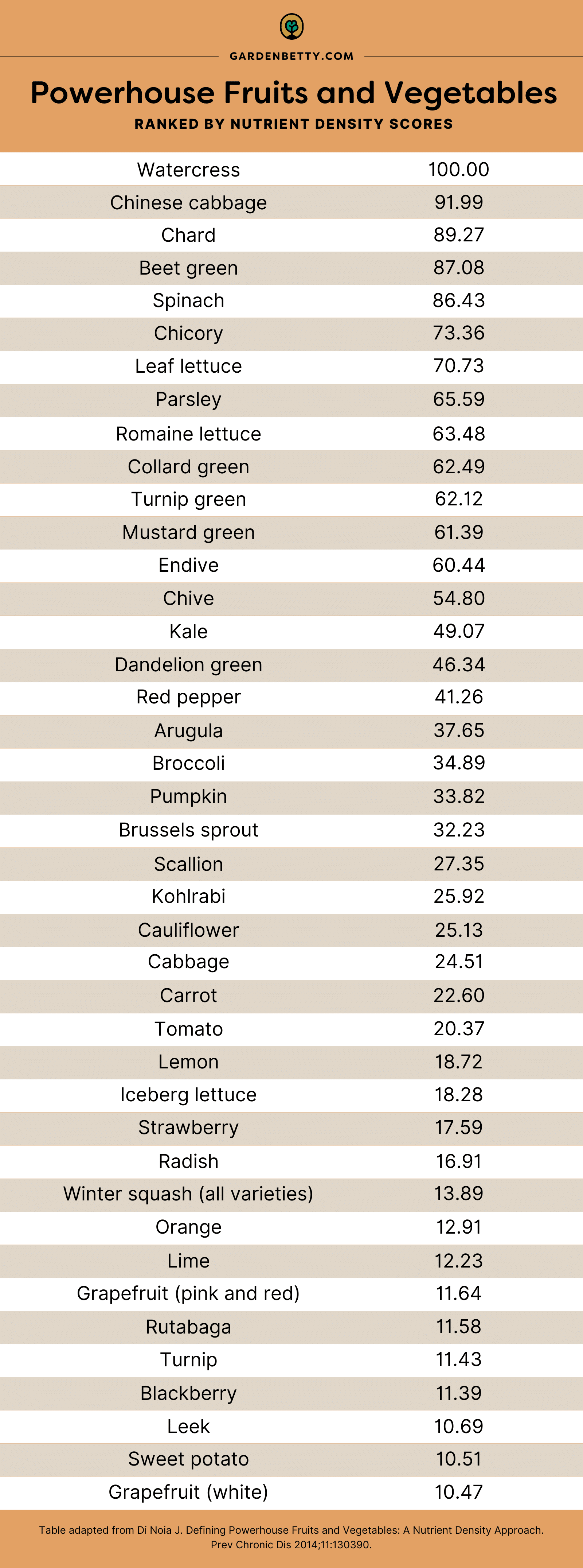 Chart listing powerhouse fruits and vegetables ranked by nutrient density scores