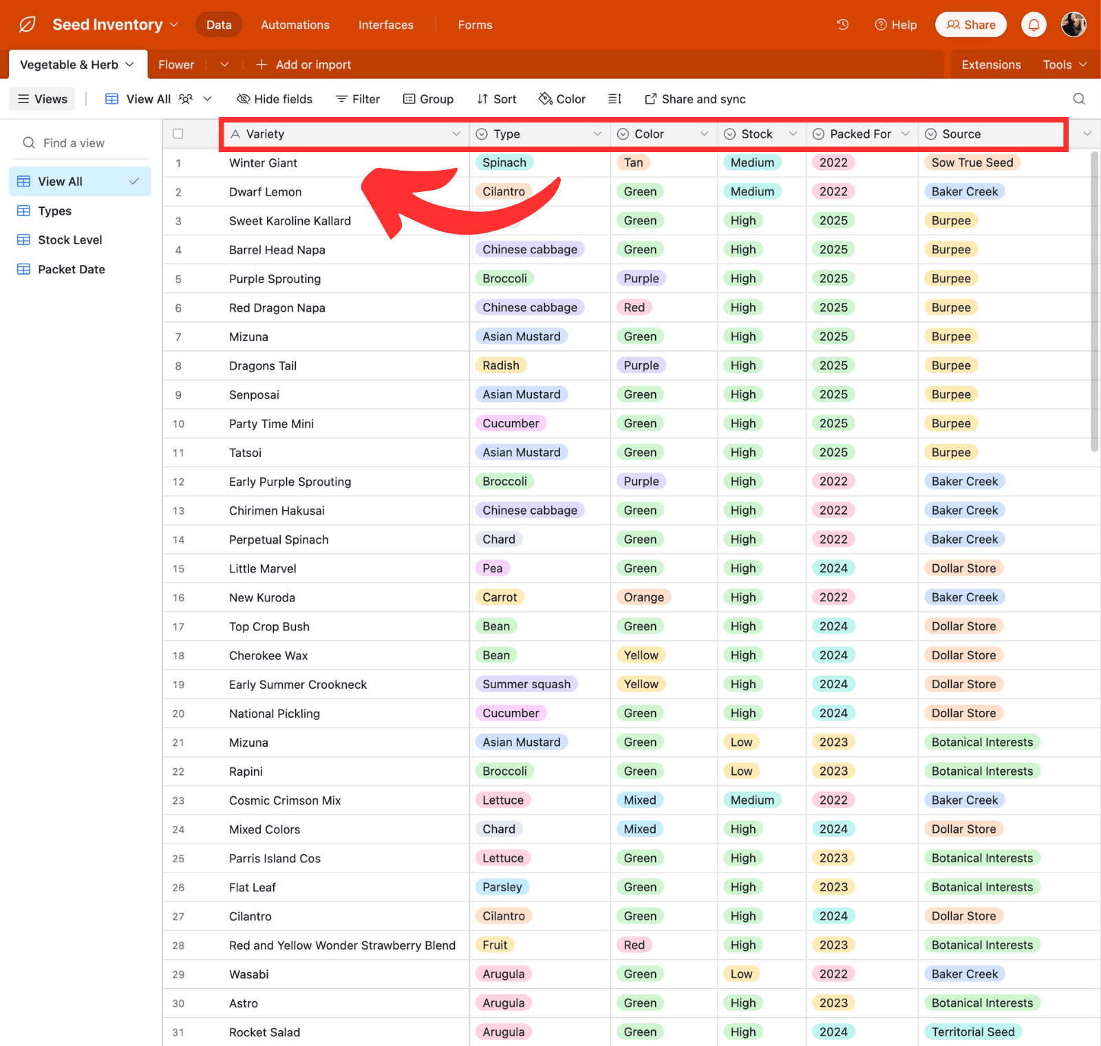 Screenshot of seed inventory spreadsheet in Airtable with table headers highlighted