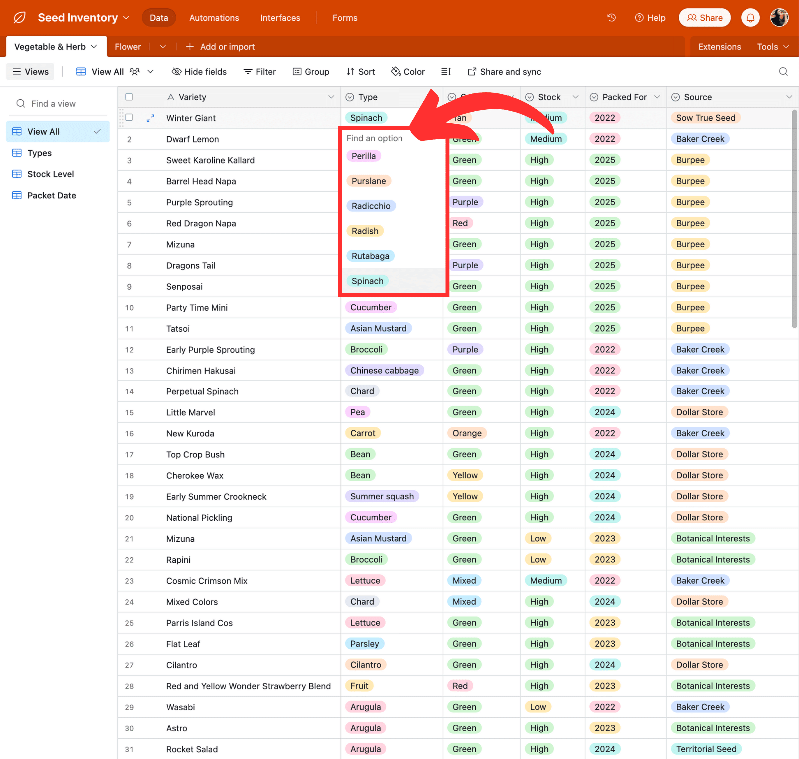 Screenshot of seed inventory spreadsheet in Airtable with dropdown menu highlighted