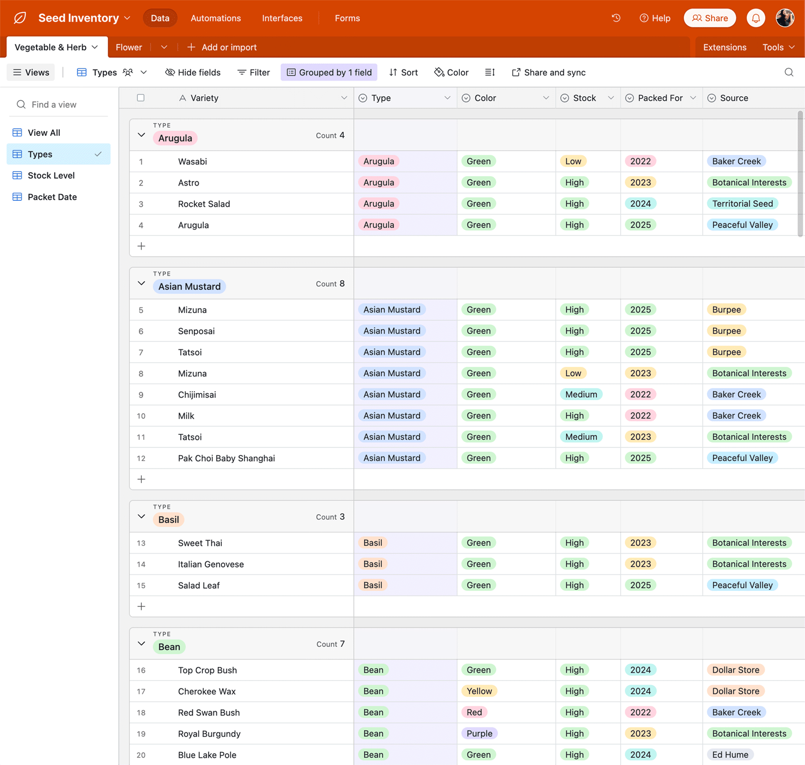 Screenshot of seed inventory spreadsheet in Airtable