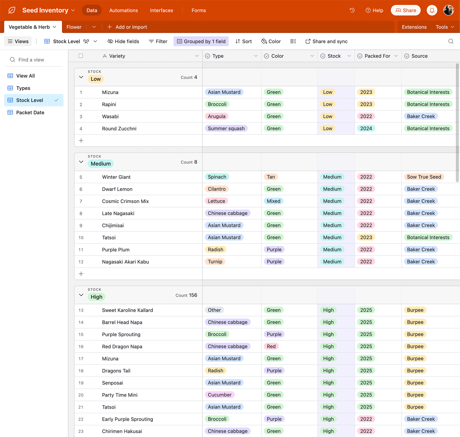 Screenshot of seed inventory spreadsheet in Airtable with stock level view