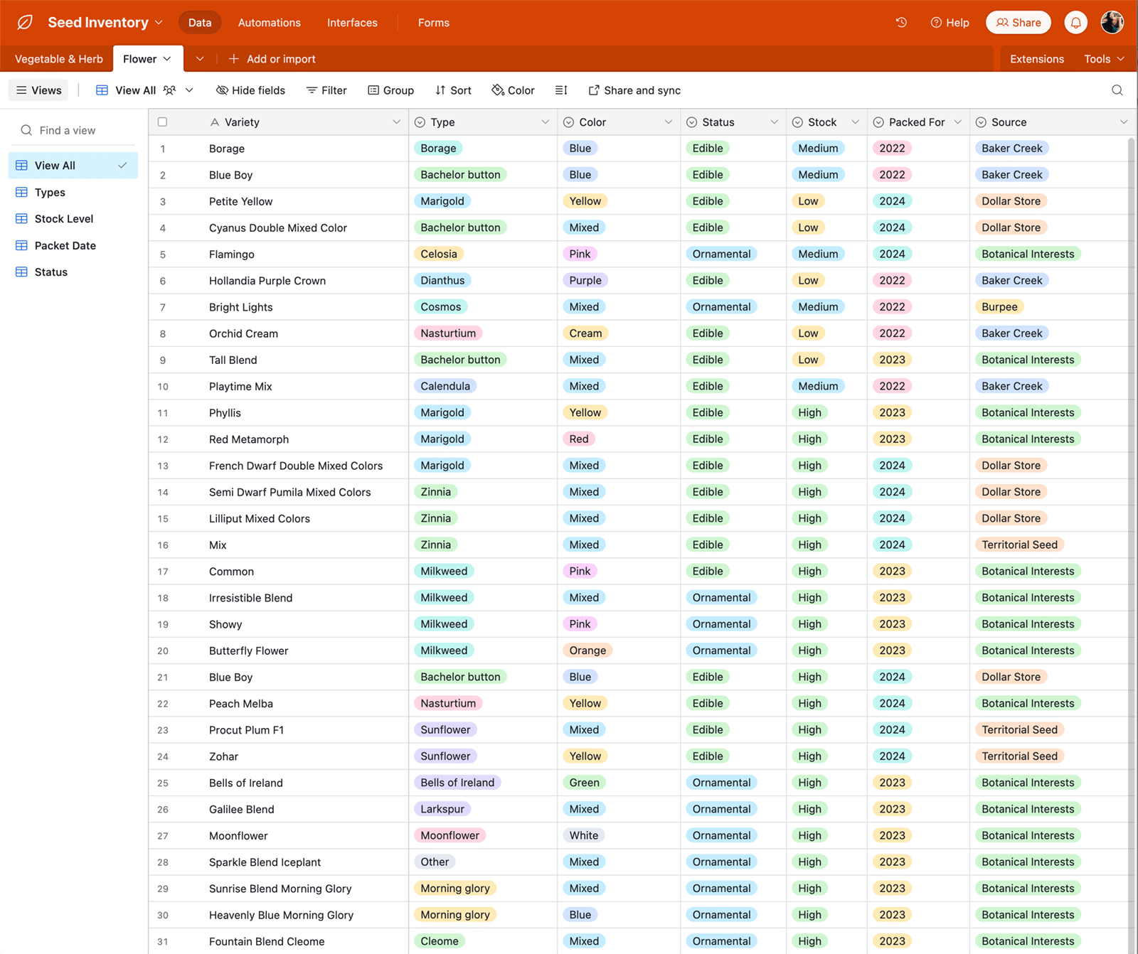 Screenshot of seed inventory spreadsheet for flower and herb collection